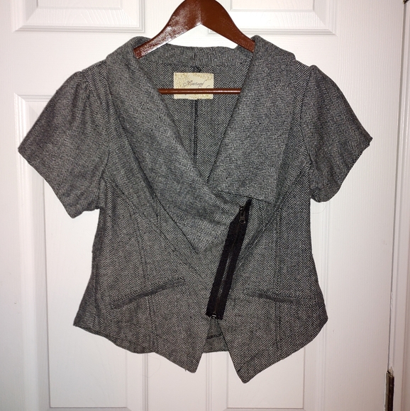 Large Short Sleeve Blazer Gray & Black Herringbone - Picture 4 of 8